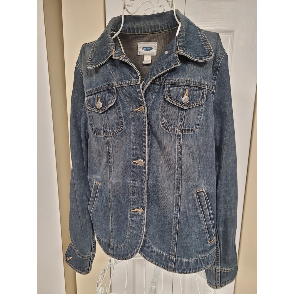Old Navy Womens Medium Wash Distressed Denim Western Jacket Blue Cotton Size L